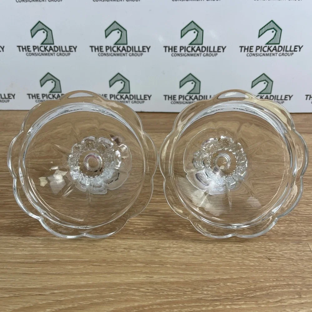 Vintage Clear Pressed Glass Scalloped Petal Taper Candlestick Holders Pair 3in